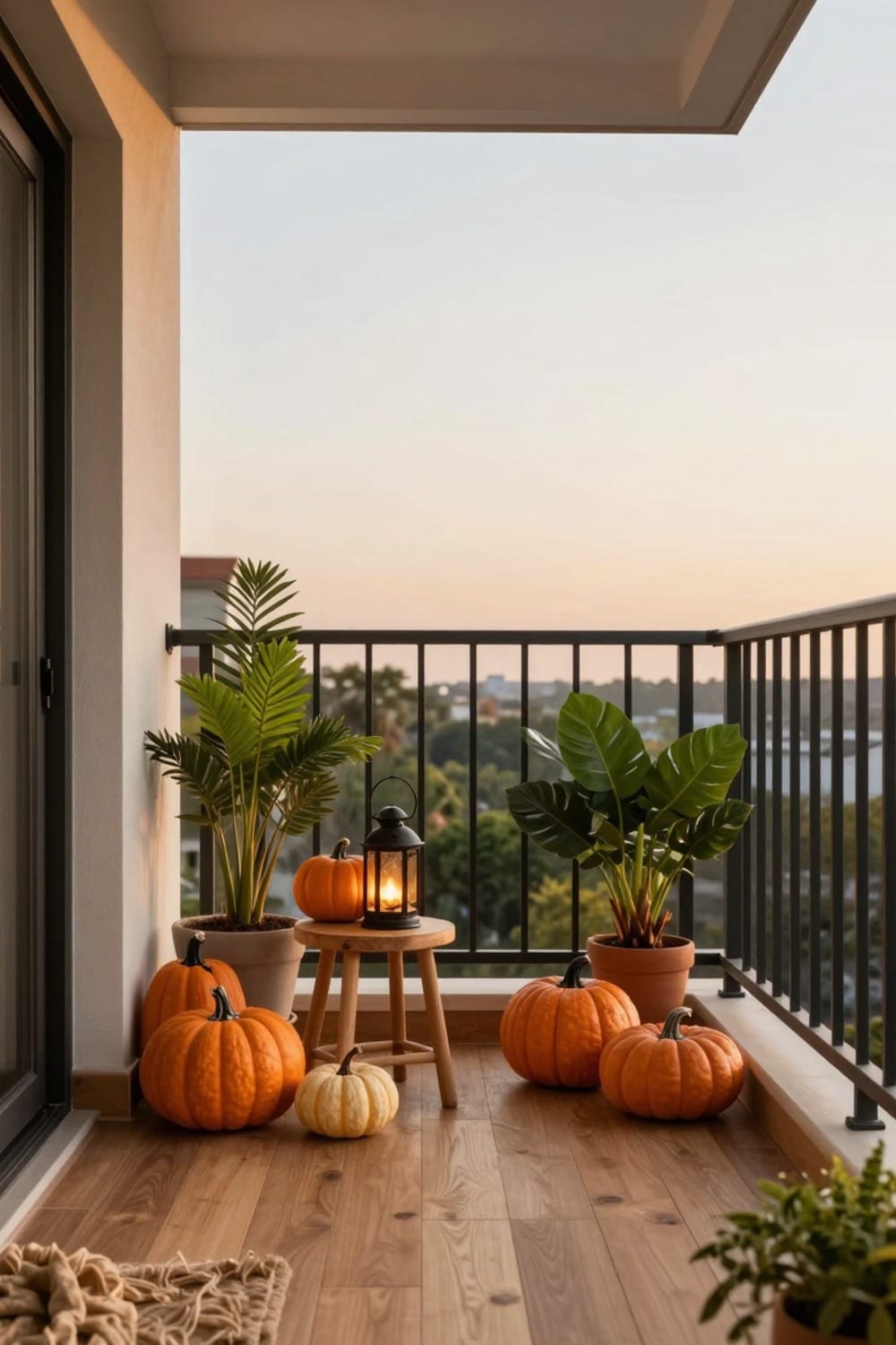 Apartment Halloween balcony decorated with no damage: faux pumpkins, warm lantern glow, and a no-drill hanging wreath at golden hour