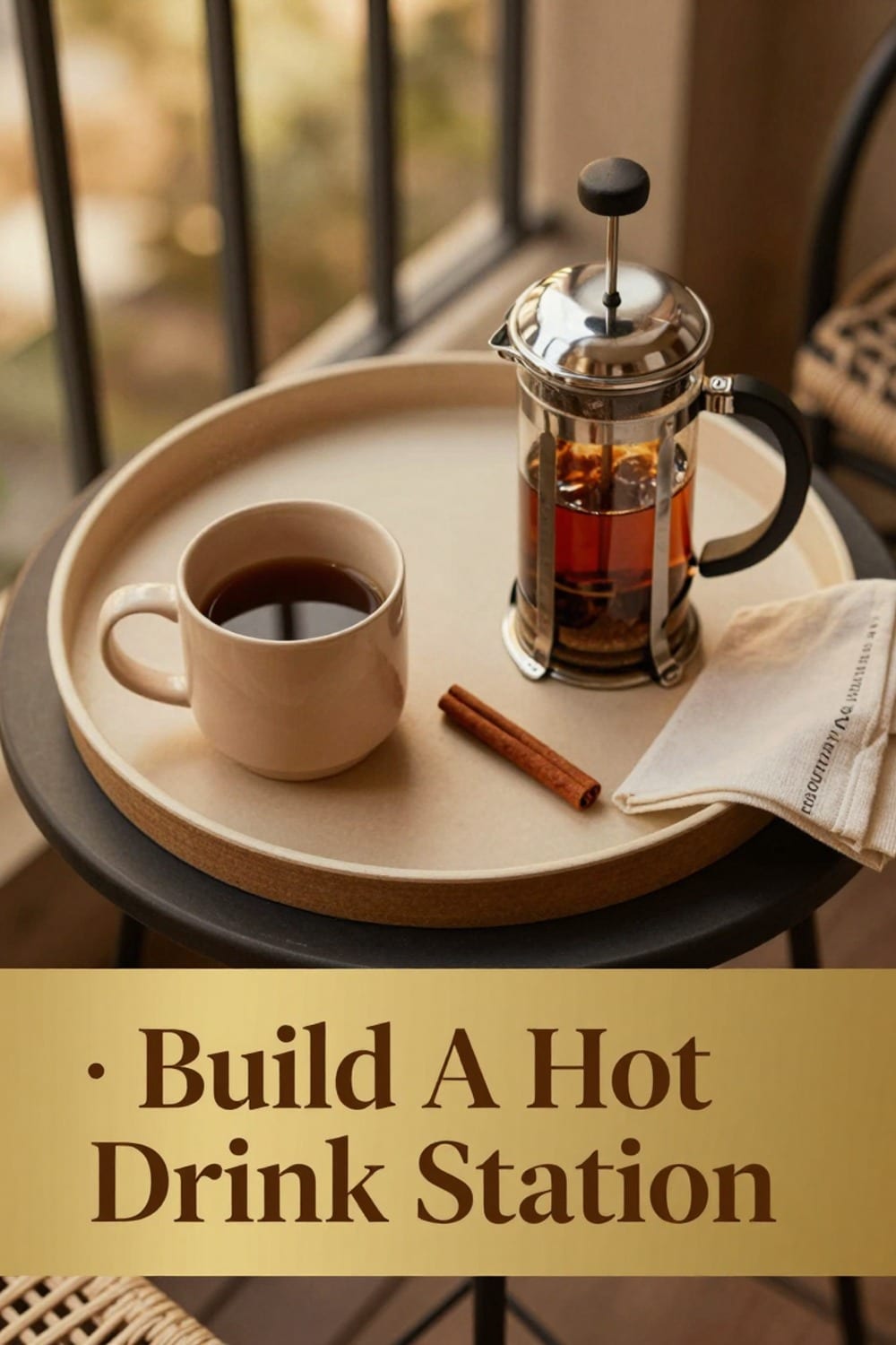 Small tray on a balcony table with a mug, mini French press, and a cinnamon stick