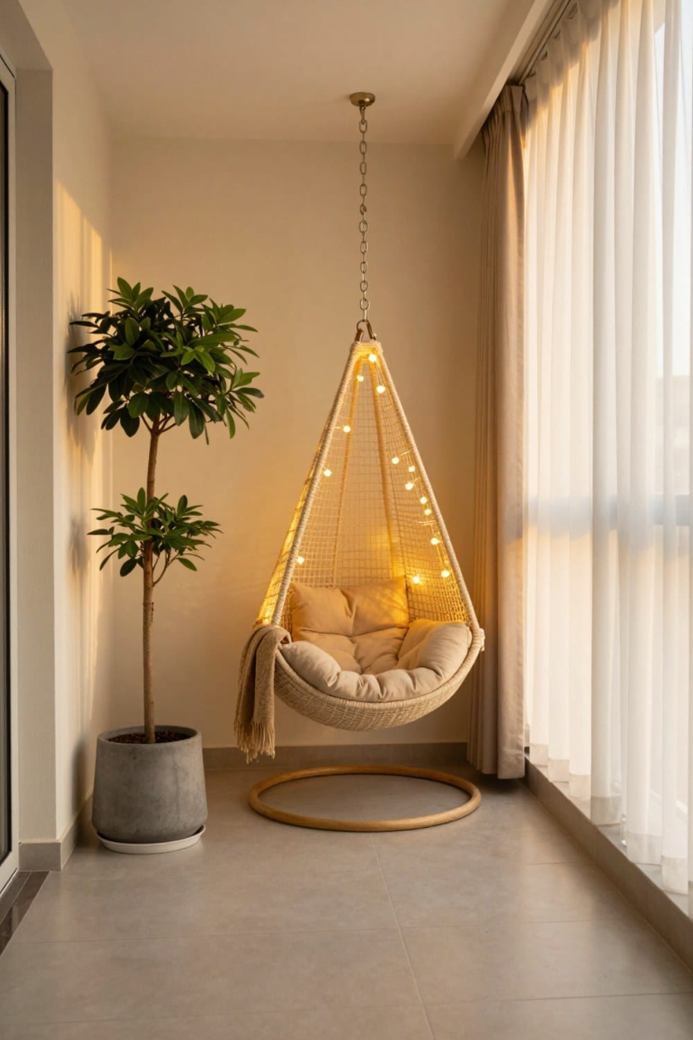 A cozy screened balcony corner with a single chair, string lights, and a privacy planter at golden hour