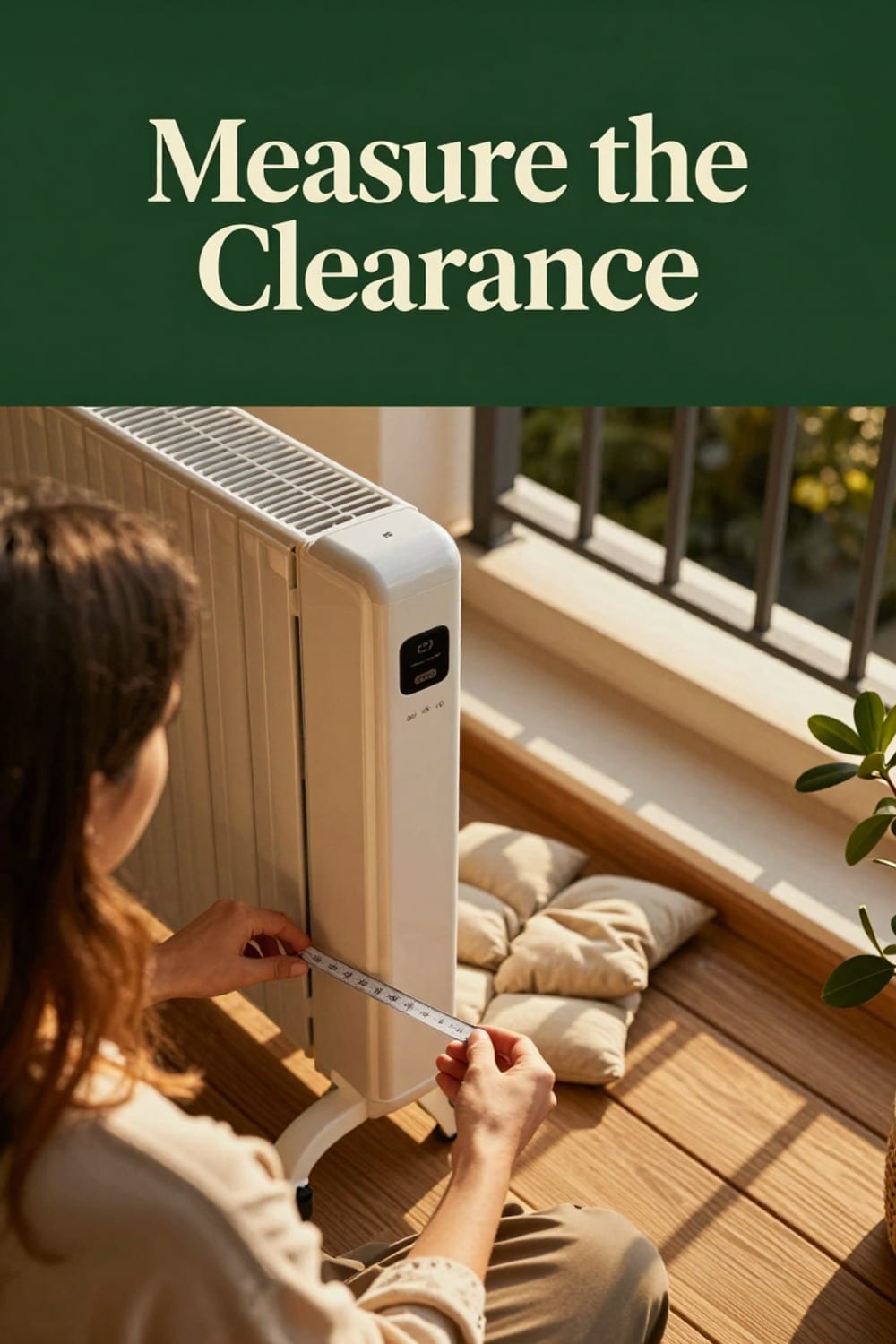 Checking a heater's clearance distance from cushions and curtains on a balcony
