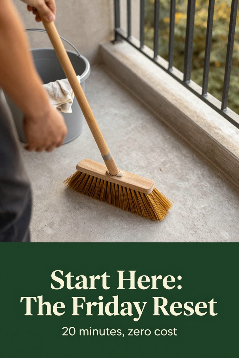 Sweeping and cleaning a rental balcony before decorating