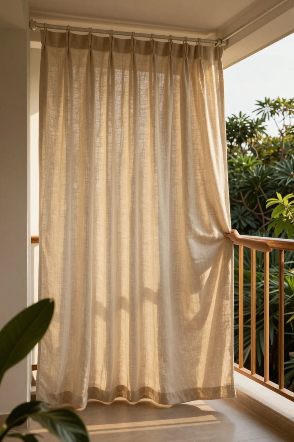 Hands drawing back a flowing outdoor privacy curtain on a small apartment balcony