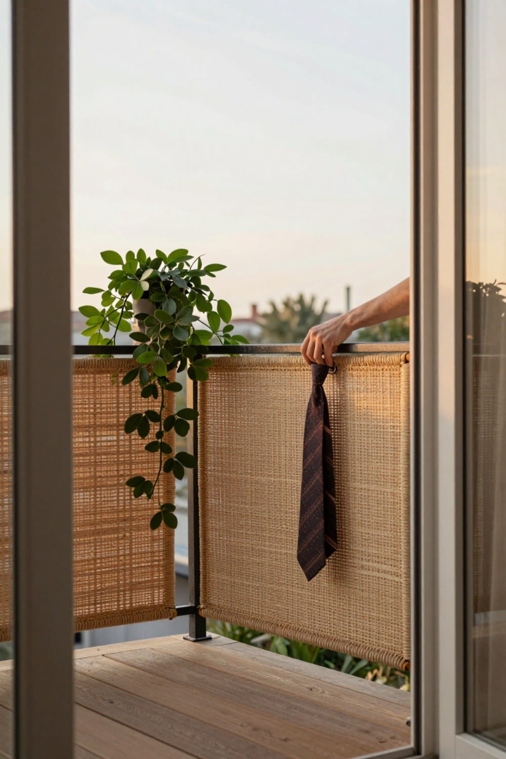 Small apartment balcony railing being wrapped with a woven privacy mesh screen at golden hour