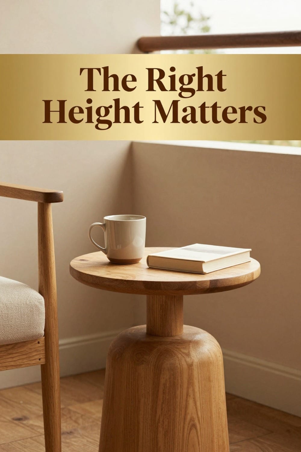 Straight-on view of a compact weighted side table holding a mug at armrest height