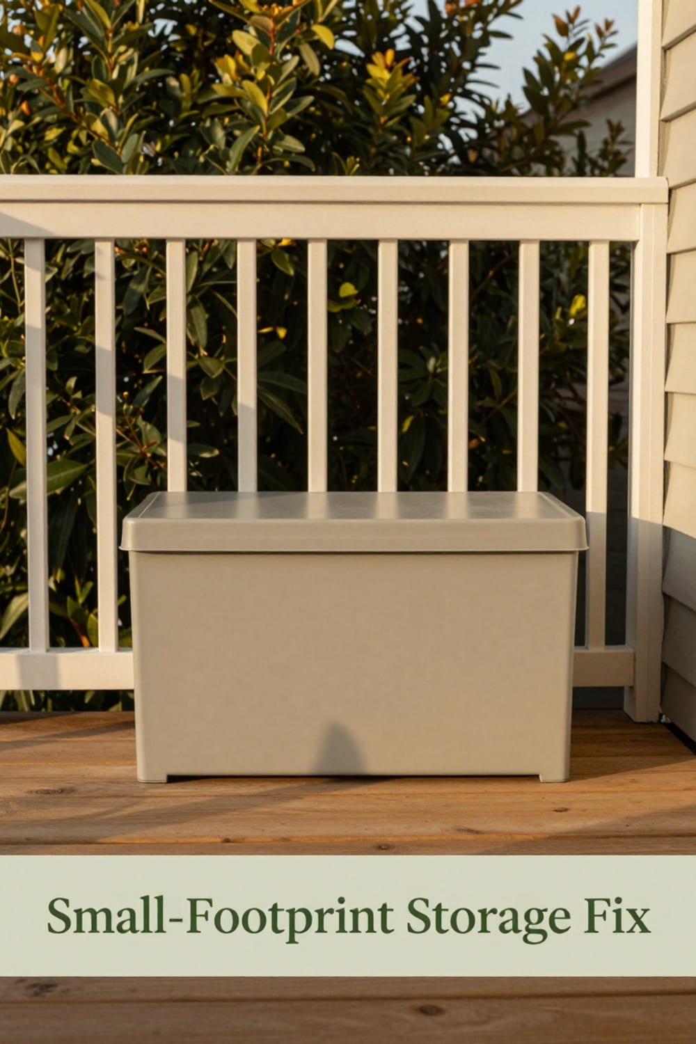 Slim weatherproof deck box tucked against a balcony railing holding packed-away summer gear