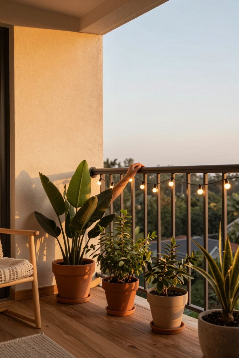 Warm balcony string lights no outlet needed, glowing at golden hour on a small rental balcony