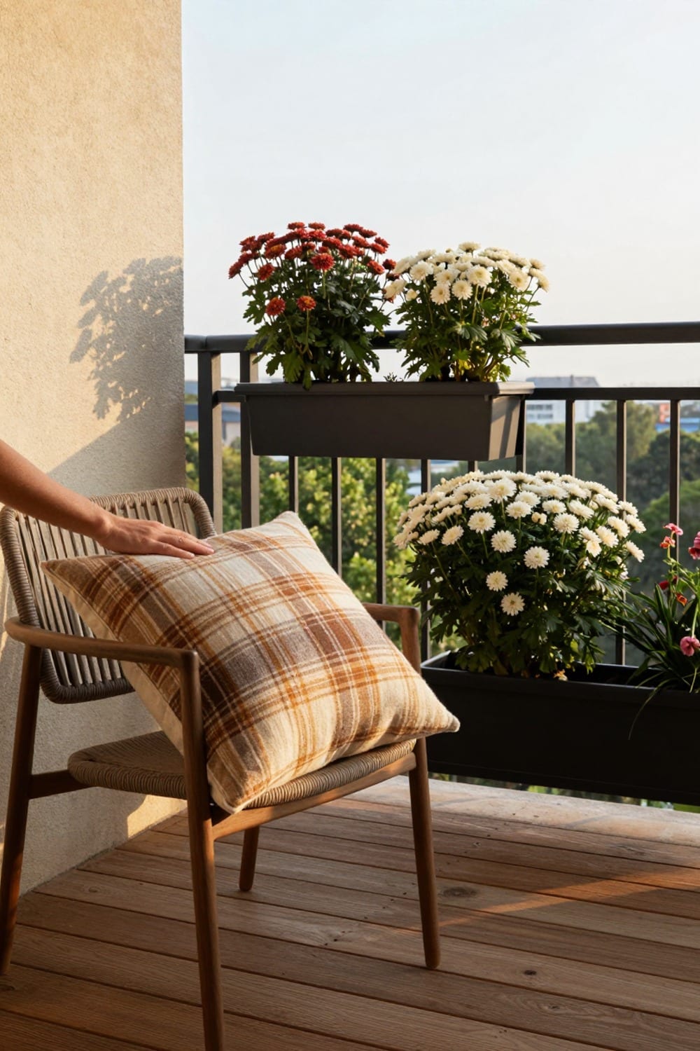 Small apartment balcony mid-transition from summer to fall with a cushion swap in progress and mums replacing summer annuals