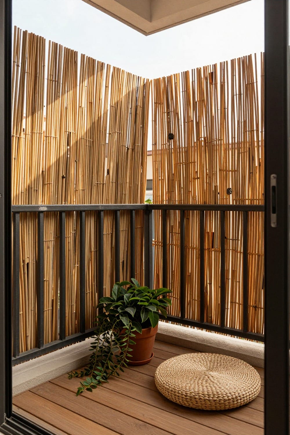Bamboo privacy screen wired to a small apartment balcony railing, glowing warm at golden hour beside potted plants