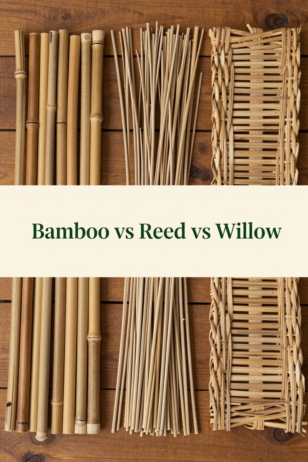 Overhead flat-lay comparing sections of bamboo, reed, and woven willow screening textures on a wood deck