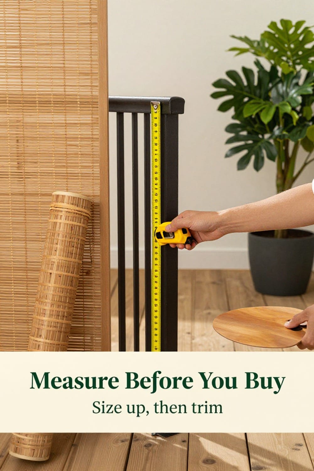 Hands measuring a balcony railing height with a tape measure before sizing a bamboo screen