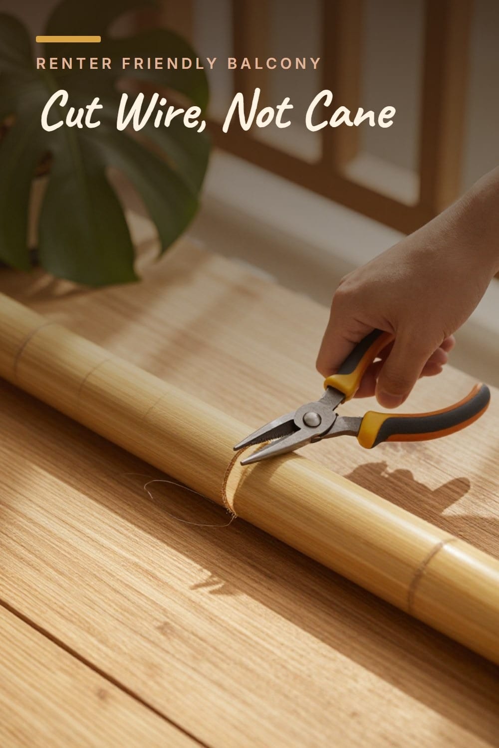 Hands trimming a bamboo privacy roll to width with heavy-duty pliers on a balcony floor