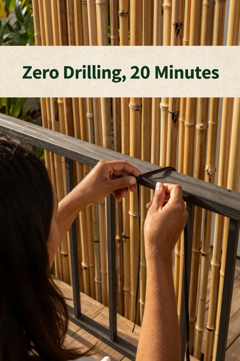 Hands threading a dark zip tie from behind a bamboo screen around a balcony railing bar