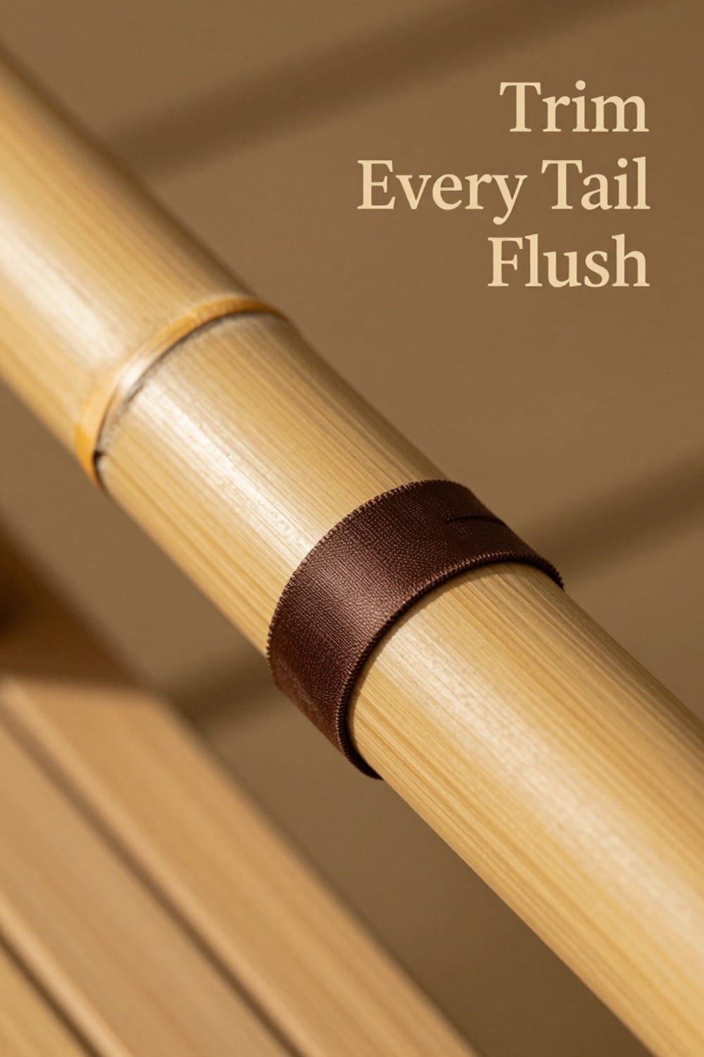 Macro shot of a zip tie trimmed flush against a bamboo cane on a balcony railing