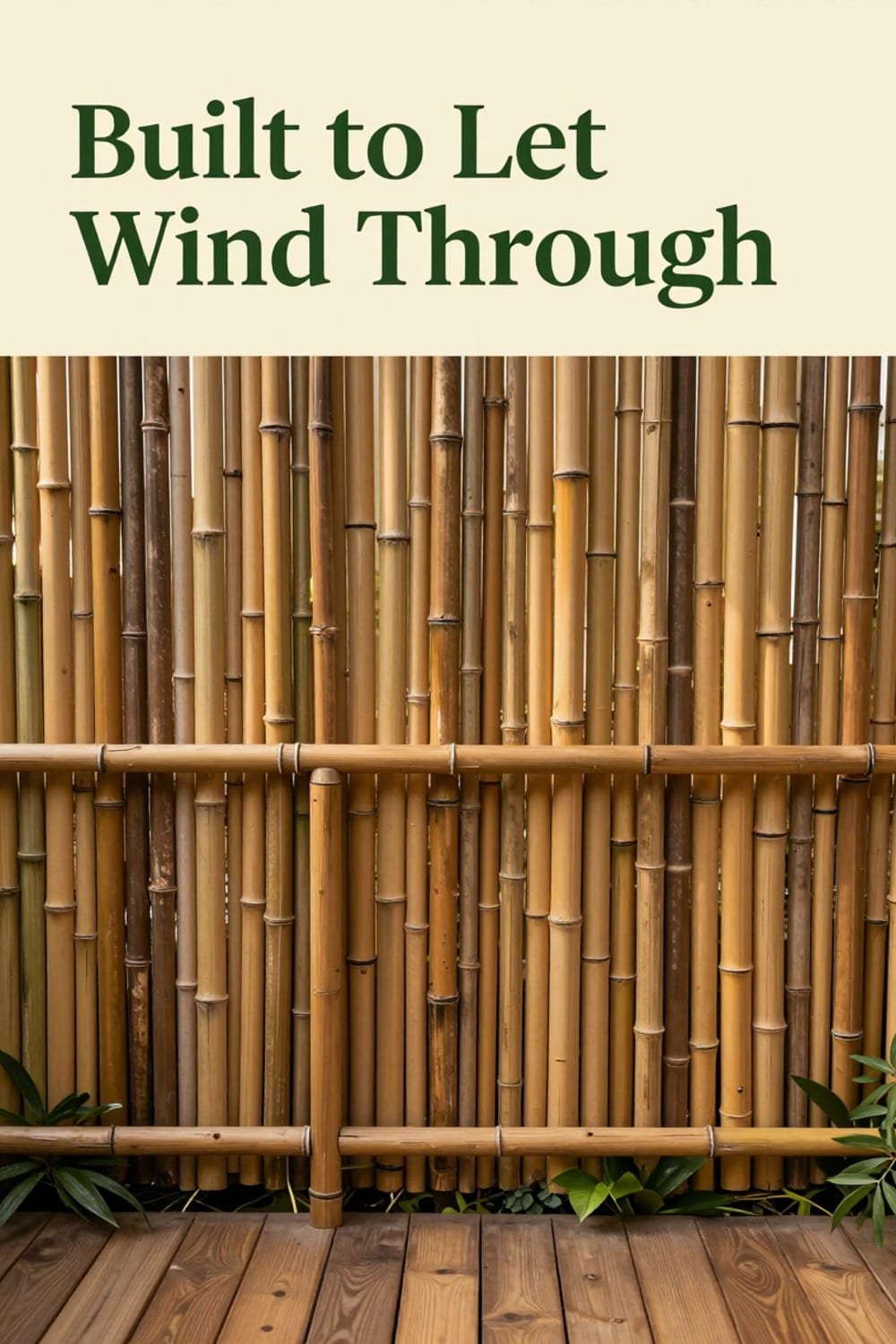 A bamboo privacy screen on a breezy balcony with light visibly moving through the gaps between canes