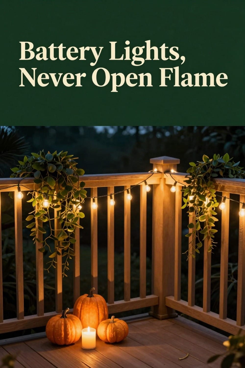 Warm battery string lights woven along a balcony railing beside flameless candles glowing among faux pumpkins at dusk