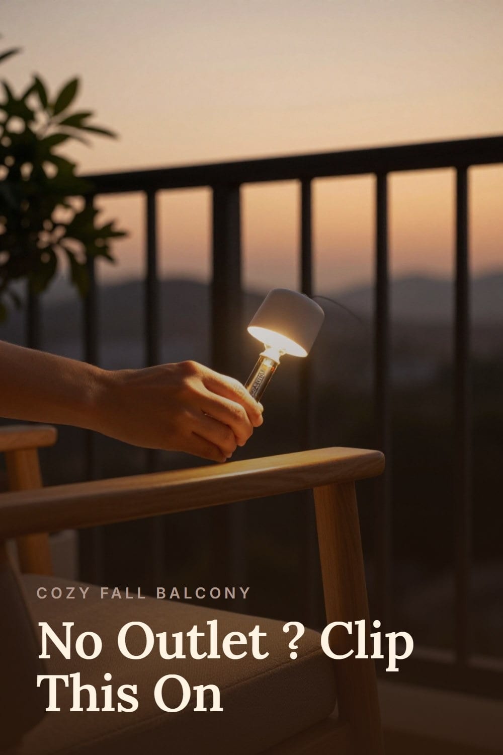 Hands clipping a battery reading light onto a balcony chair armrest
