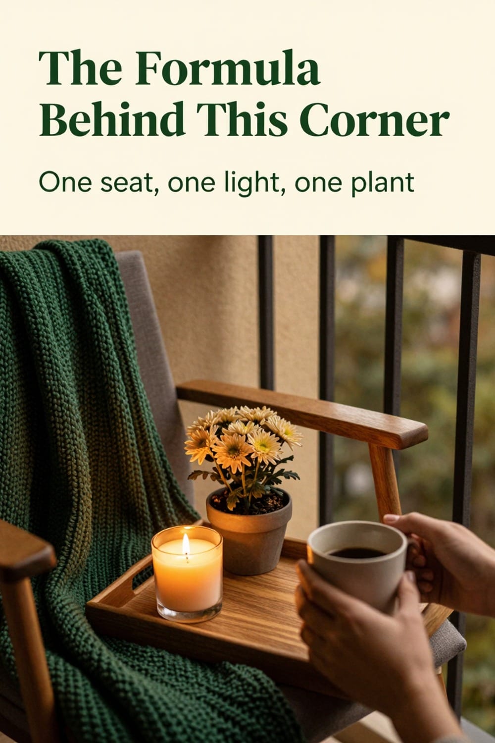 Photo-worthy fall balcony corner close-up with candle and blanket