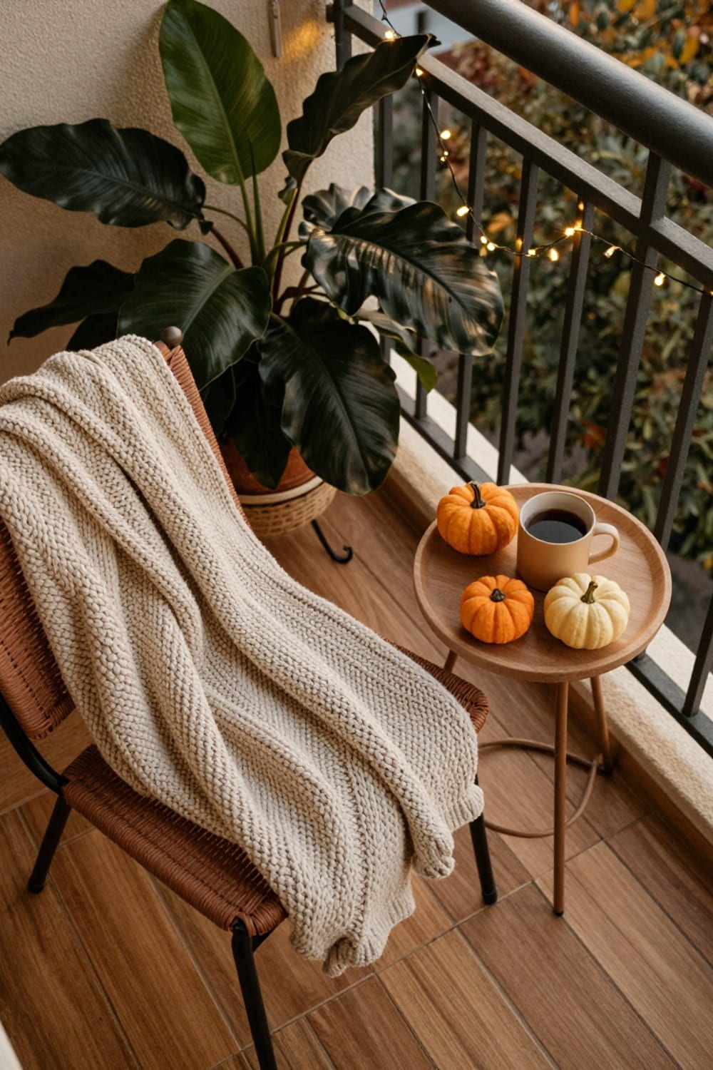 Cozy fall balcony ideas for a small apartment with a warm throw, mini pumpkins, and string lights