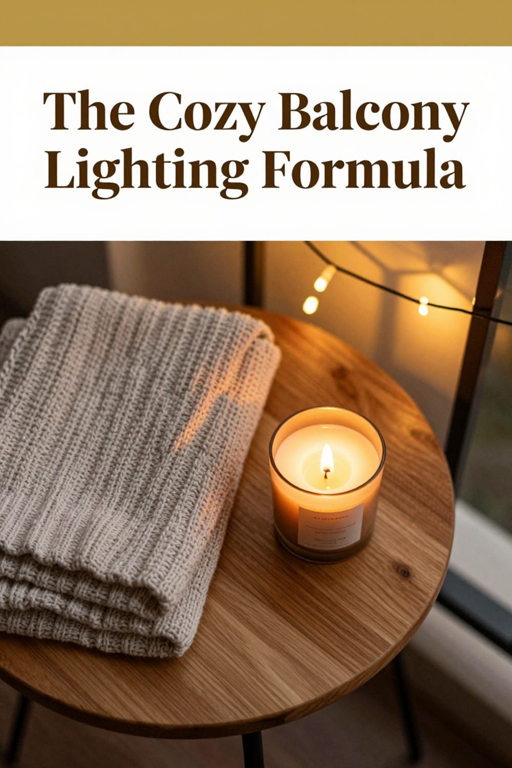 Small balcony side table styled with a flameless candle and folded blanket, warm string lights blurred behind