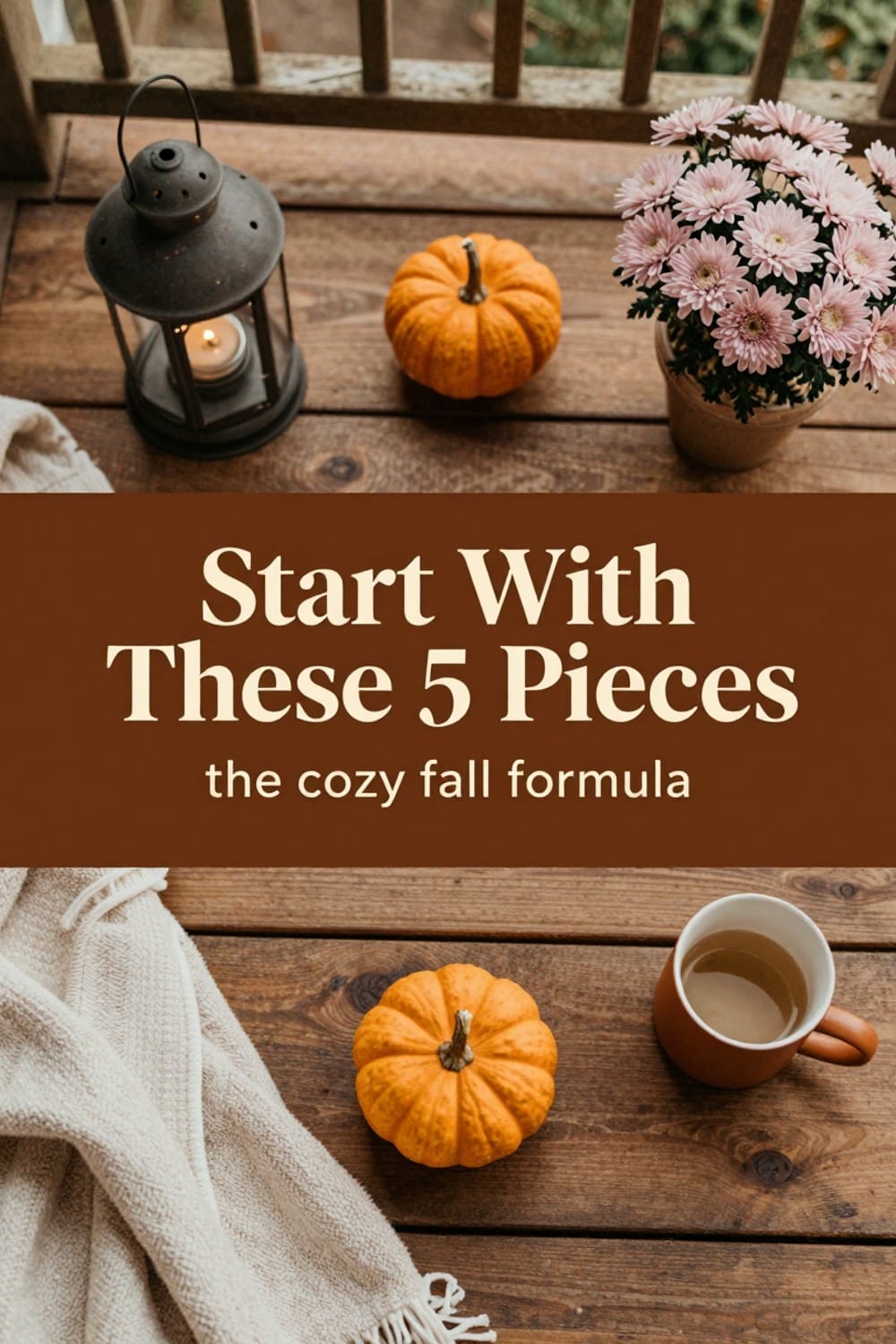 Five styled fall balcony pieces grouped on a wood floor: blanket, lantern, mini pumpkin, potted mum, mug