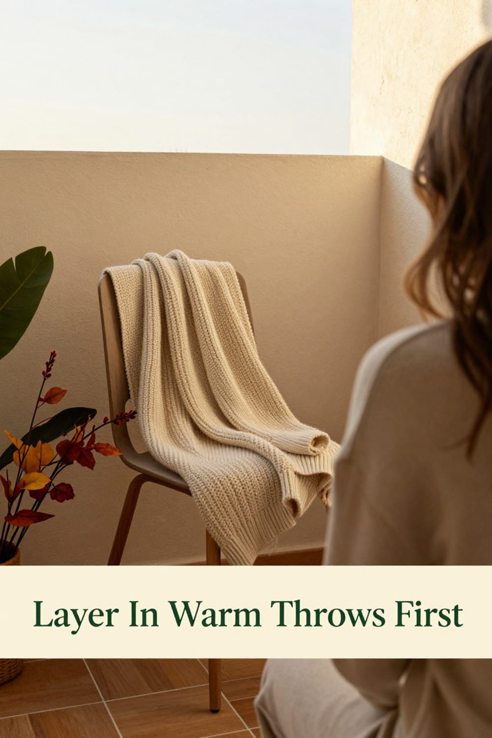 Woman draping a chunky knit throw over a bistro chair on a small fall balcony