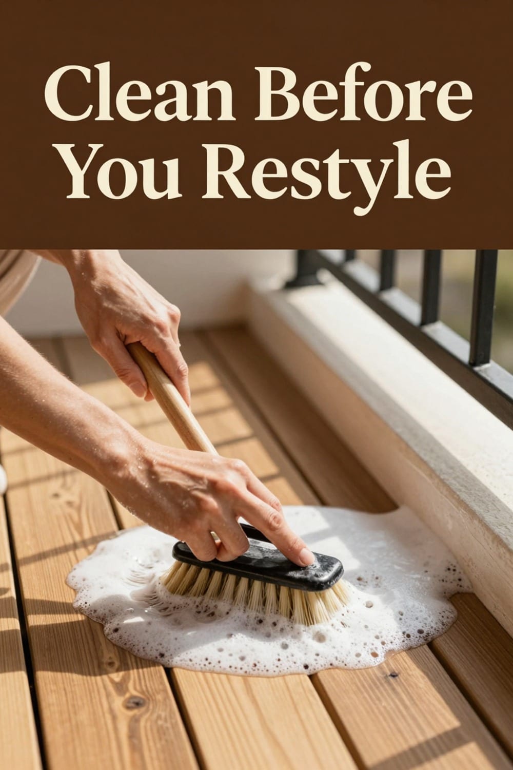 Scrubbing a balcony floor clean before laying down a fall rug and furniture
