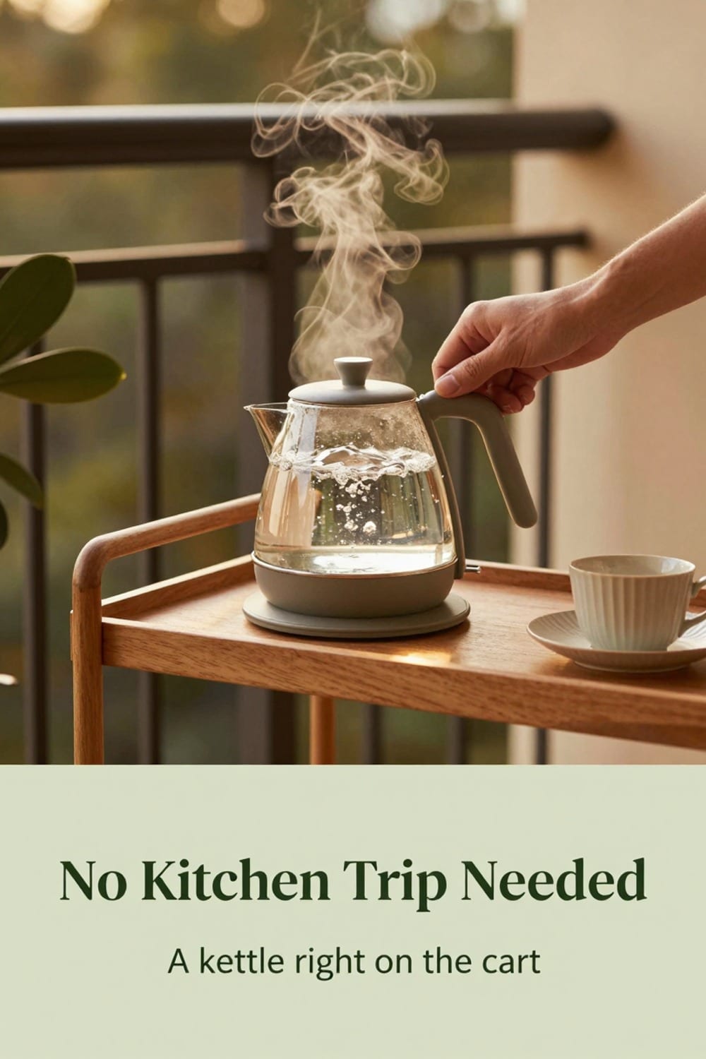 Small electric kettle heating water on a fall balcony bar cart