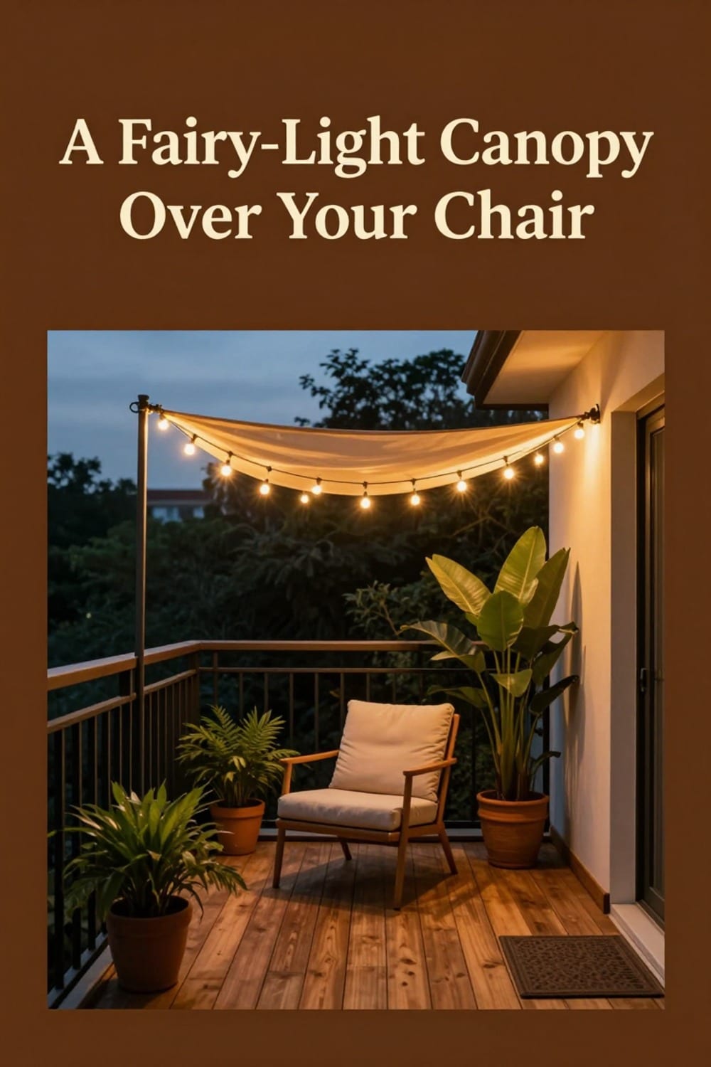 Small balcony corner glowing at dusk with a fairy-light canopy draped overhead above a cushioned chair