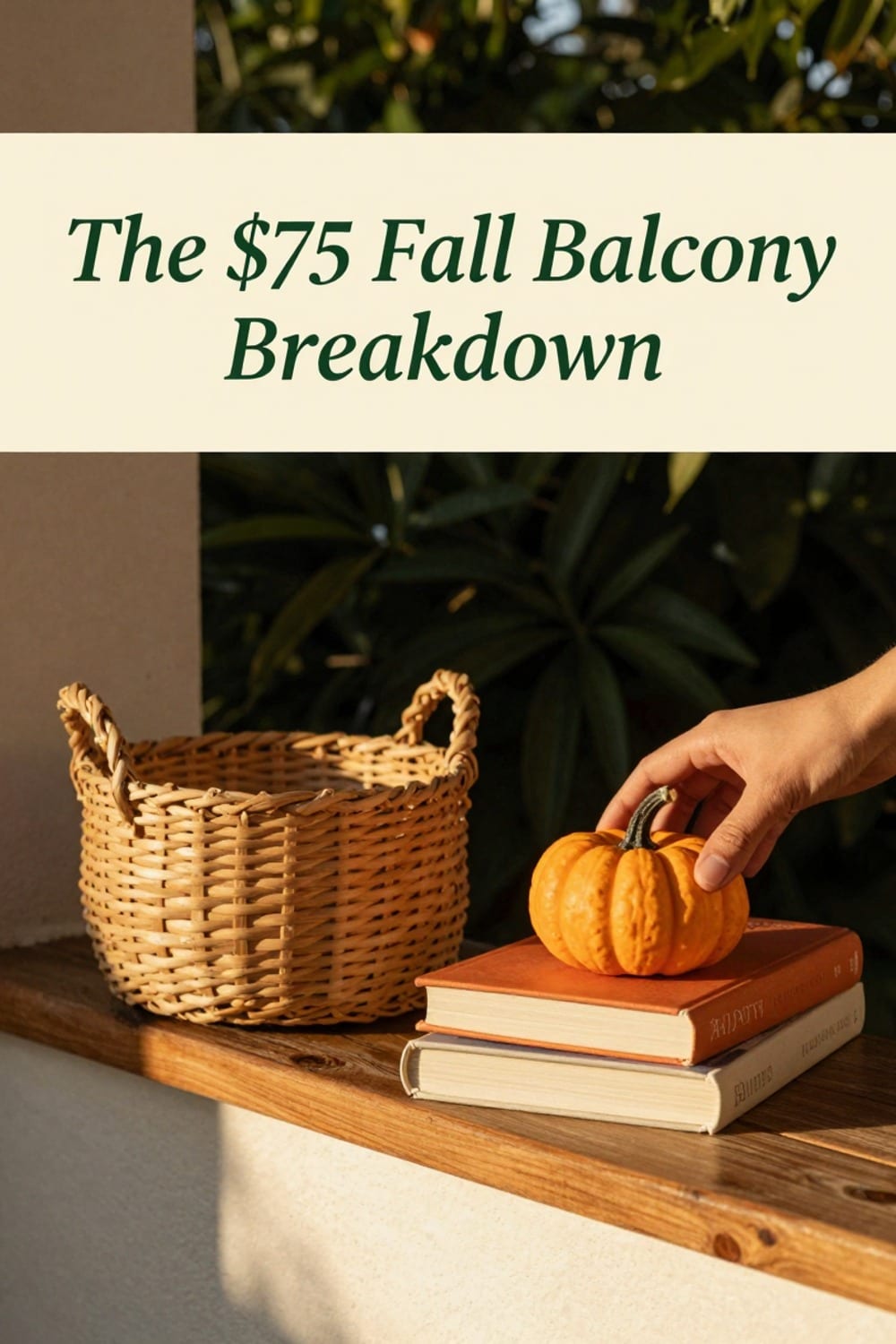 Thrifted basket and warm-toned books styled on a small balcony ledge for fall