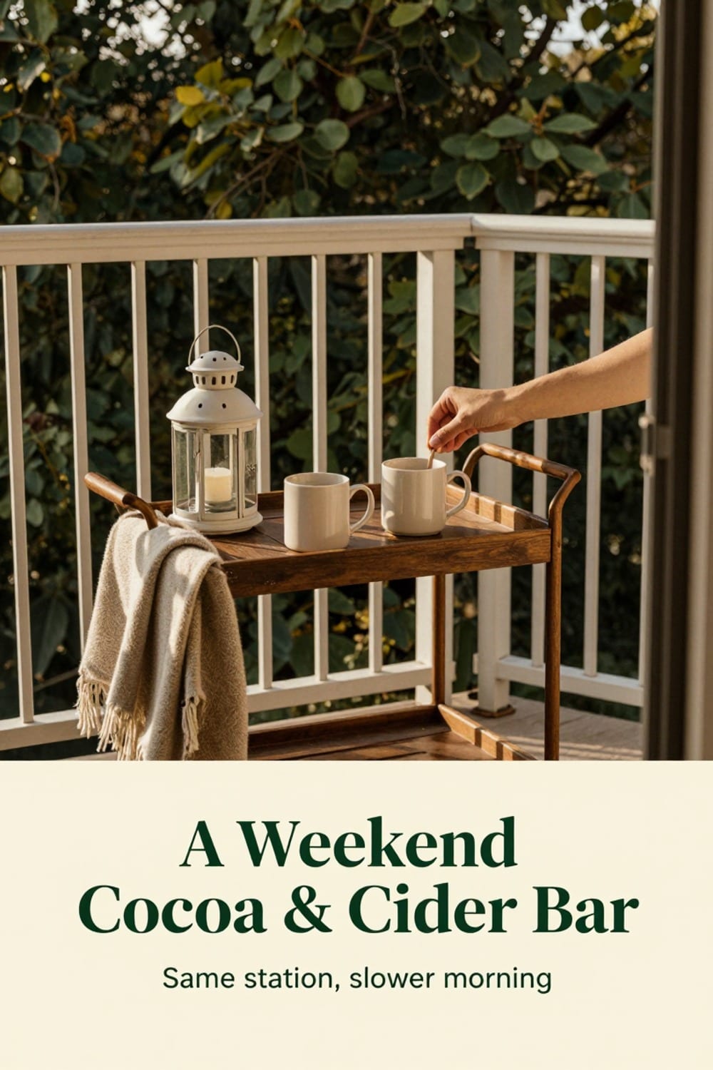 Weekend fall balcony spread with a cocoa and cider caddy offering two or three warm drink options