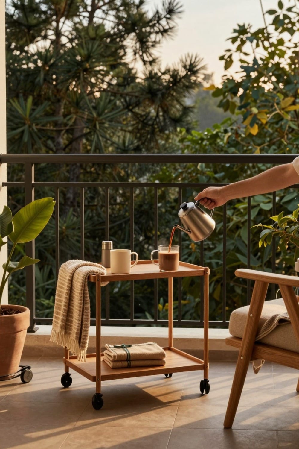 Small fall balcony coffee station on a rolling bar cart with insulated mugs, a lantern, and a folded throw