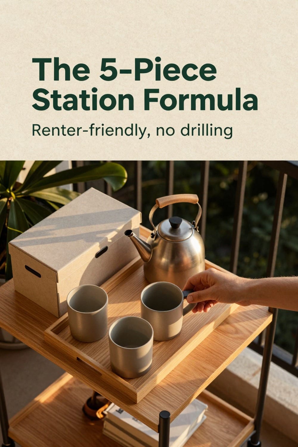 Five-piece fall balcony coffee station arranged on a slim rolling bar cart