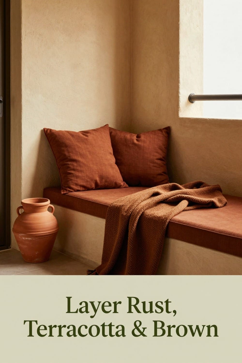 Balcony corner styled with rust cushion, terracotta pots, and a brown woven blanket