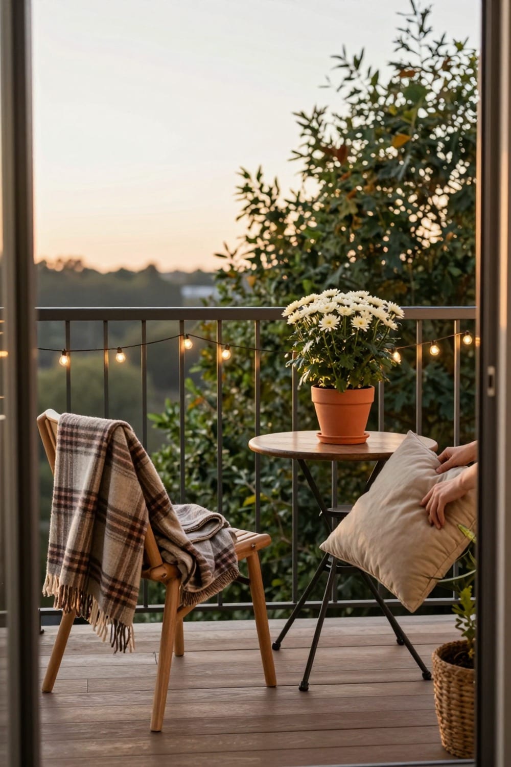 Small renter balcony styled for fall on a budget with string lights, a mum, and a folded throw blanket