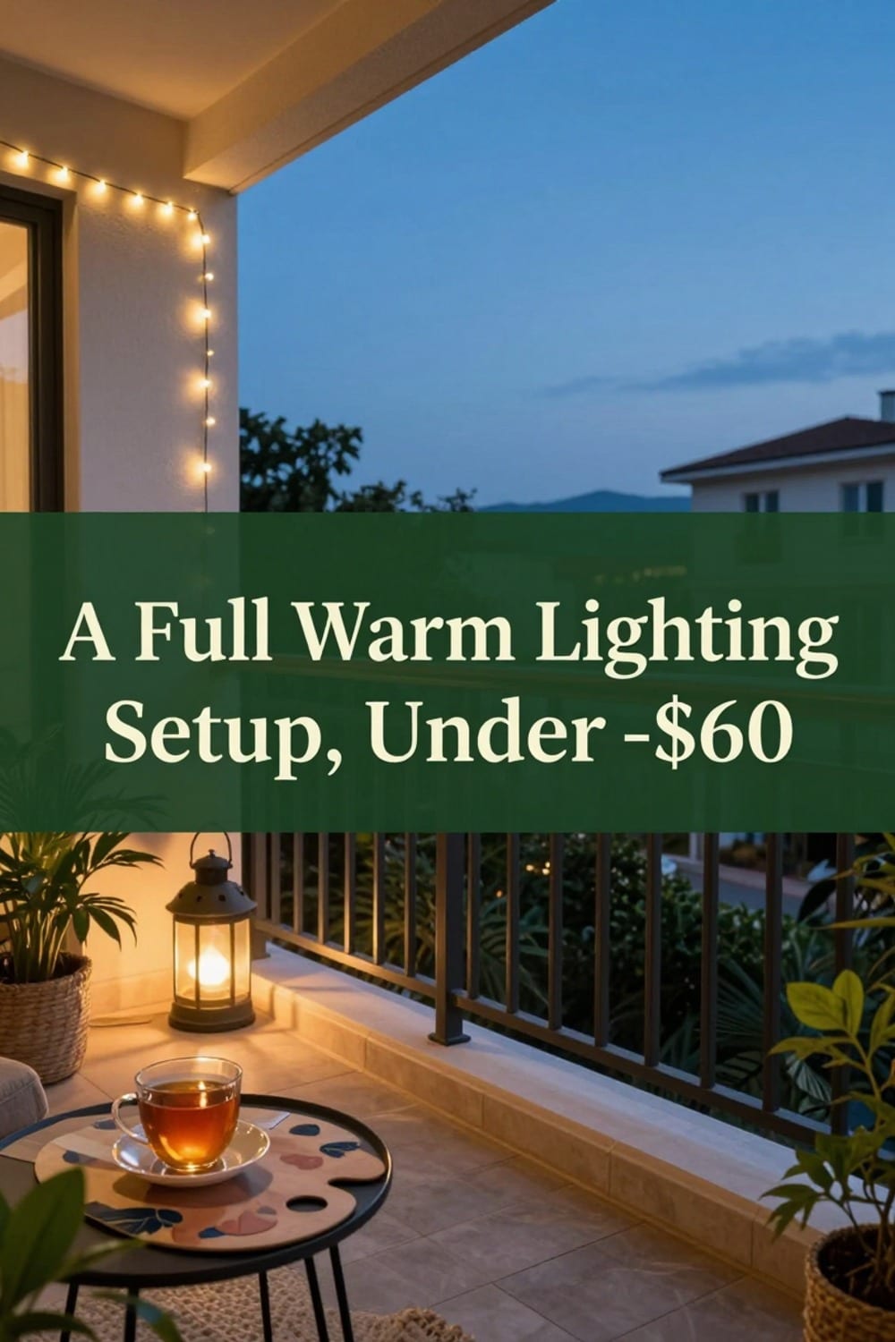 Small apartment balcony glowing warm at blue hour with string lights and a lit lantern, a cup of tea nearby
