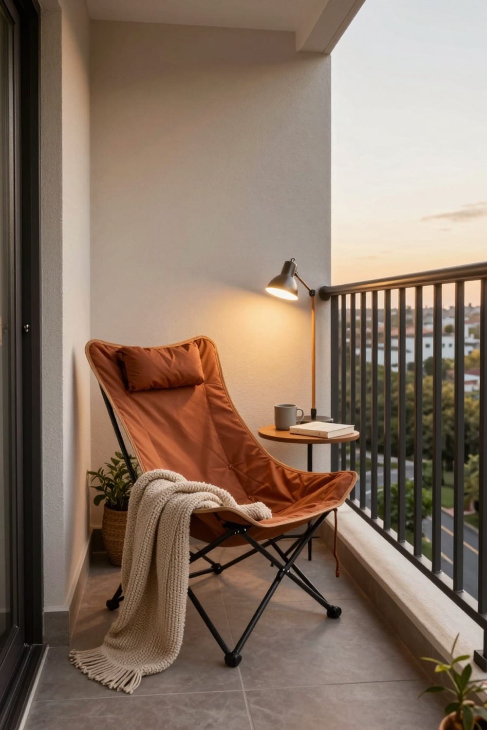 Small fall balcony reading nook with a cocoon chair, chunky knit throw, and warm reading light at golden hour