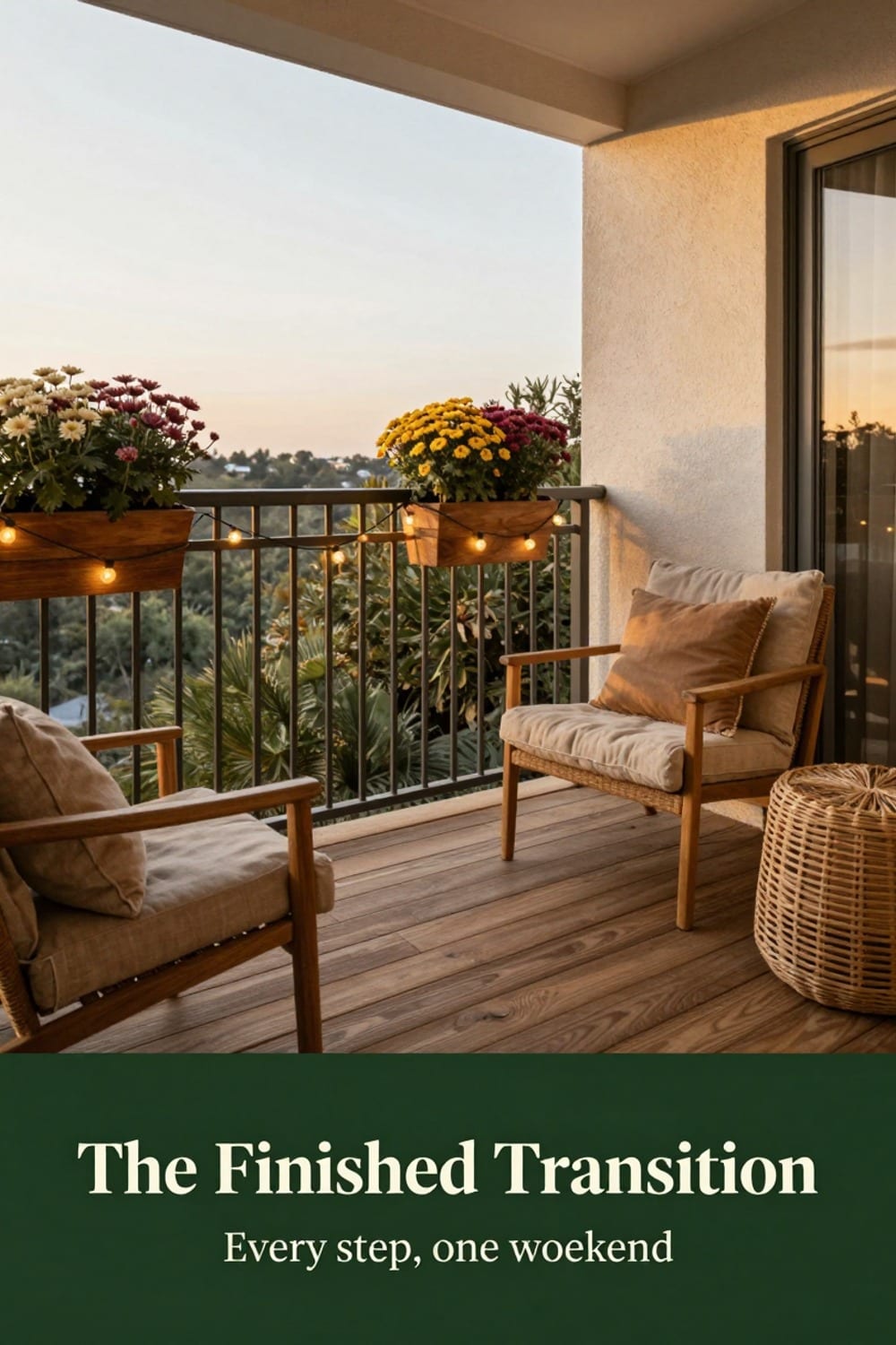 Finished small balcony after the full summer-to-fall transition with warm textiles and refreshed planters