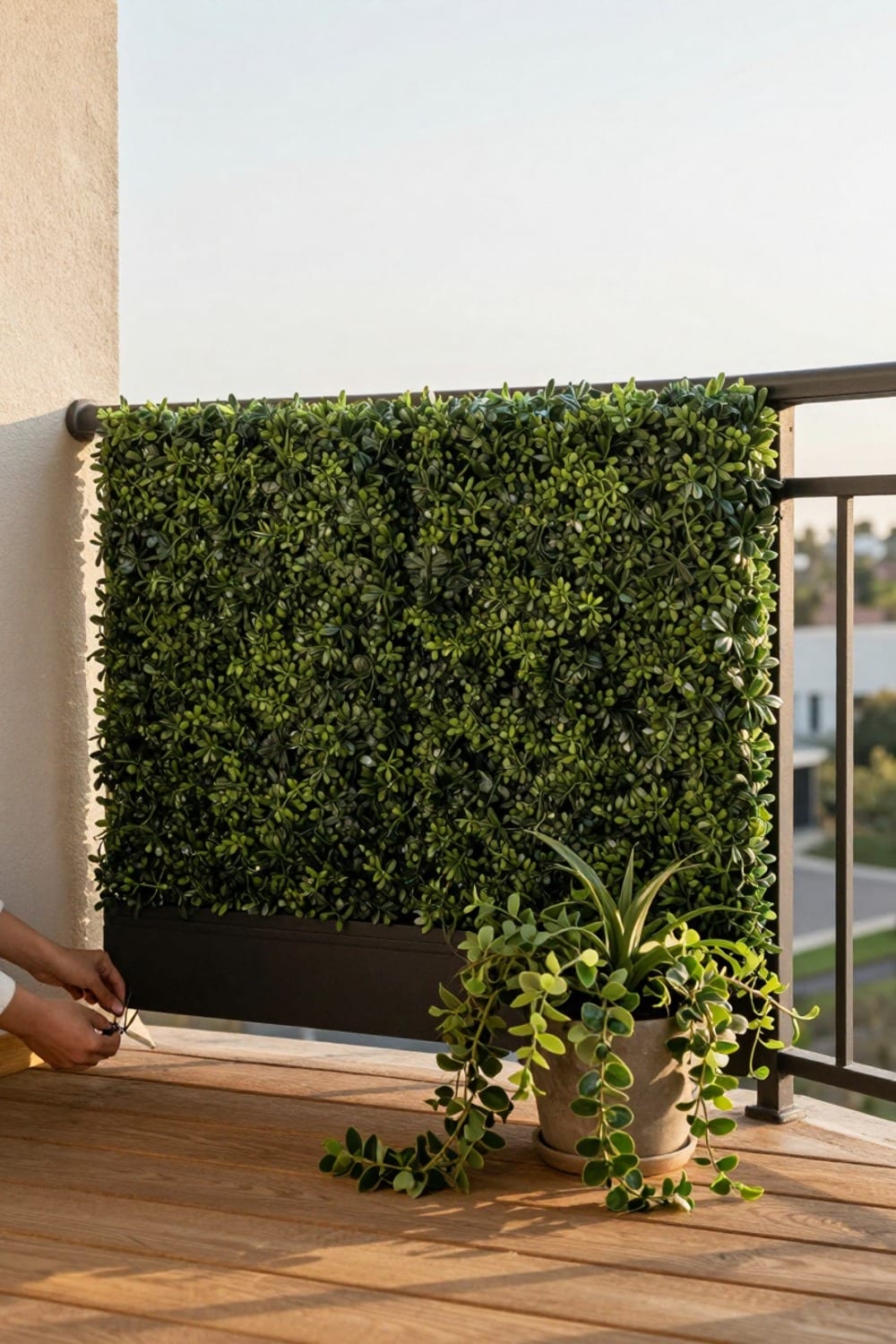 Interlocking faux boxwood hedge panel attached to an apartment balcony railing with zip ties, layered with real trailing plants