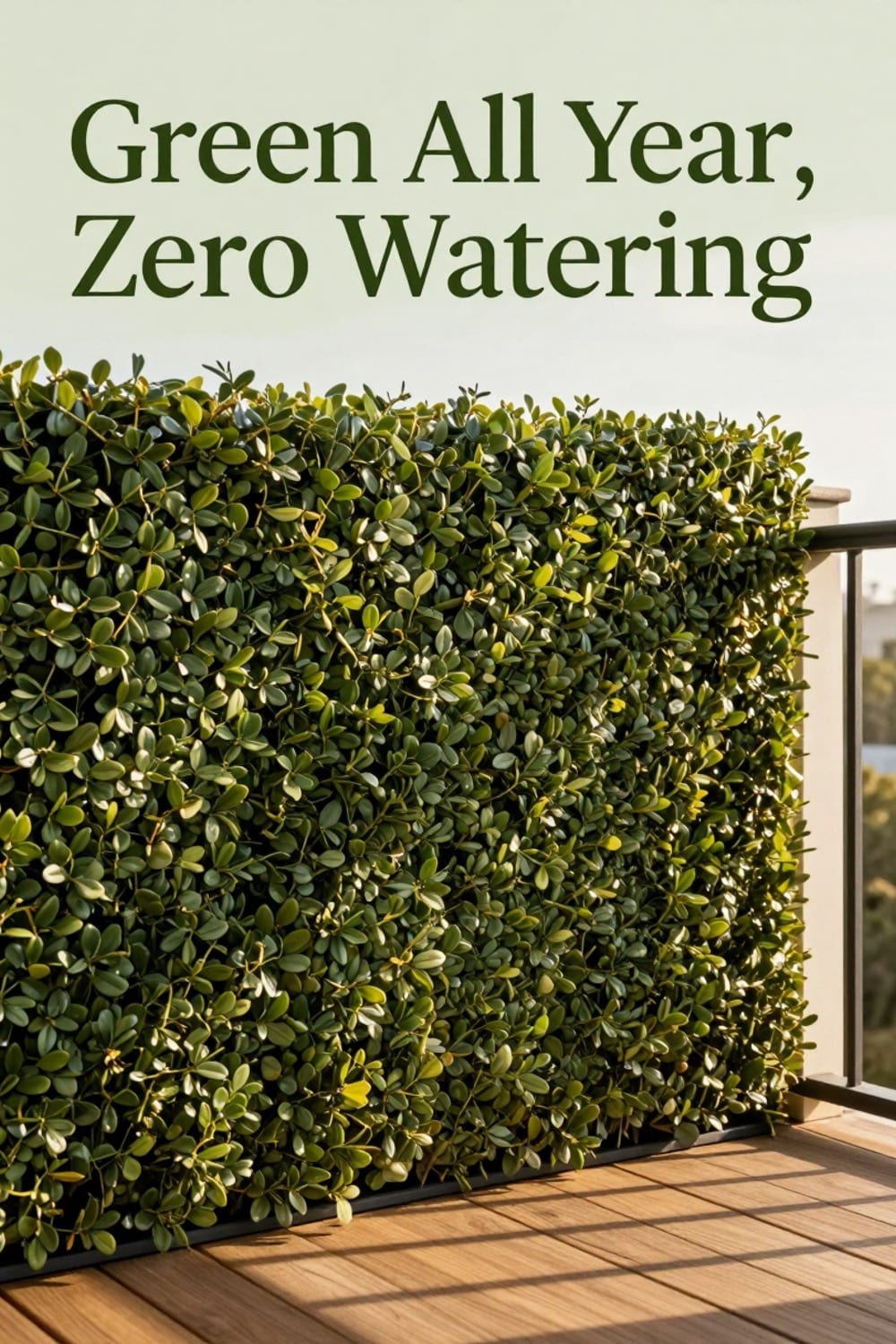 Dense interlocking faux boxwood panel clicked into place along a balcony railing with no dead patches in winter