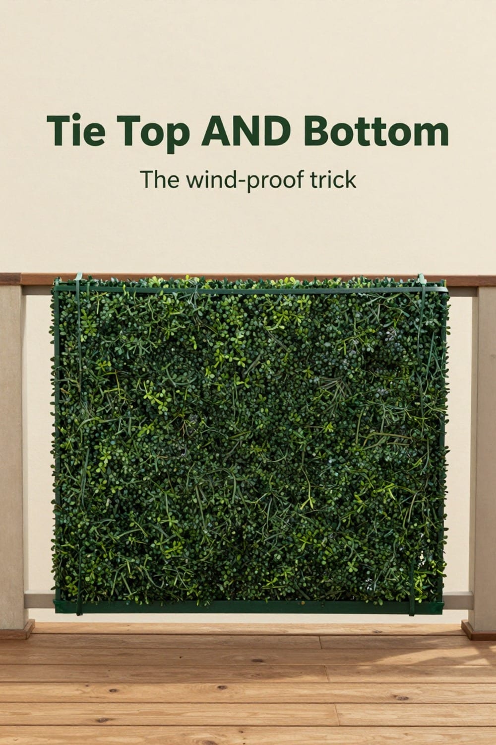 A faux hedge panel secured at both the top and bottom rail of a balcony railing to resist wind