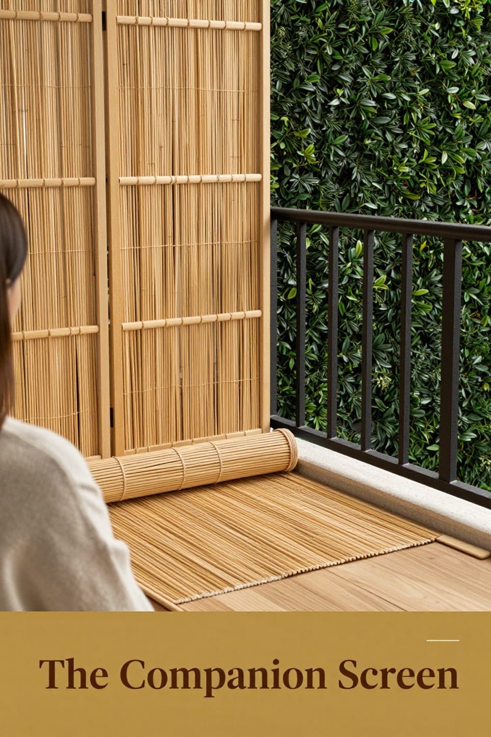 Bamboo reed roll screen unrolled along a balcony railing beside a faux boxwood panel