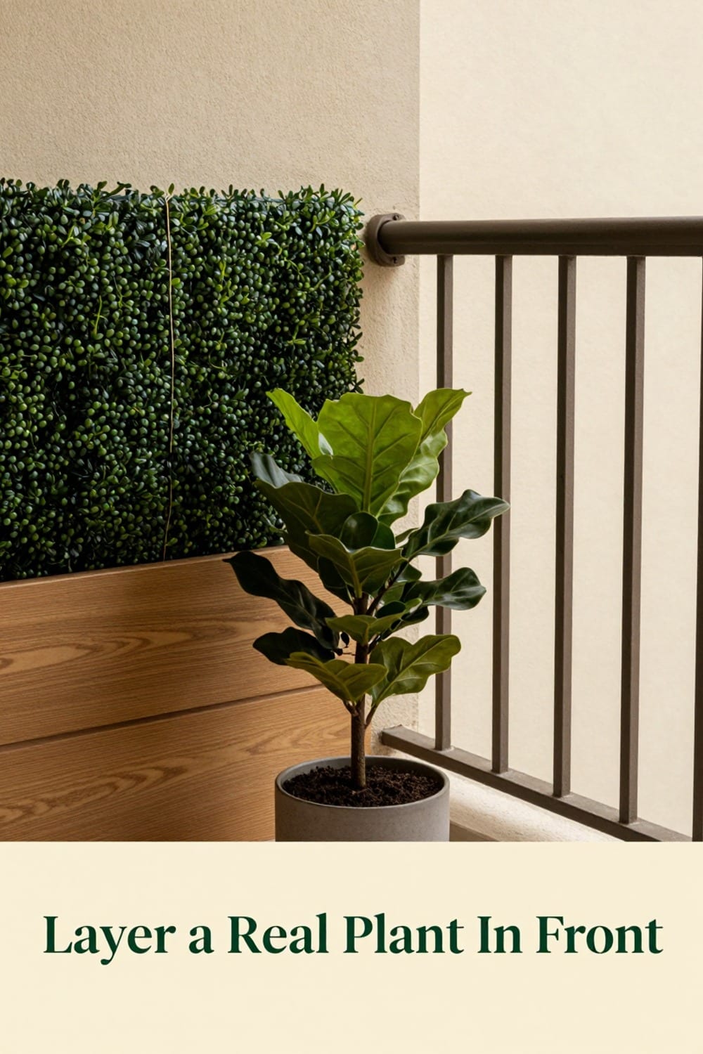 A trailing real plant layered in front of a faux hedge seam on a balcony railing