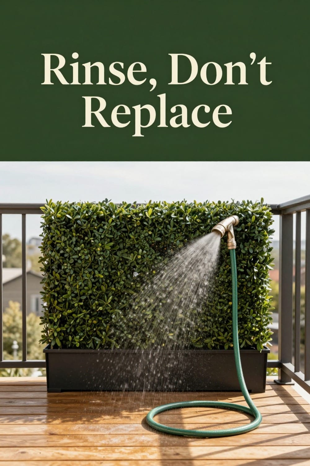 Rinsing a faux boxwood hedge panel with a garden hose on a balcony