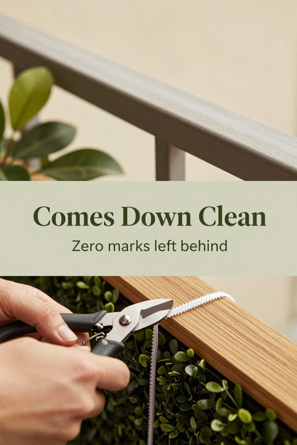 Hands cutting a zip tie to remove a faux hedge panel cleanly at move-out