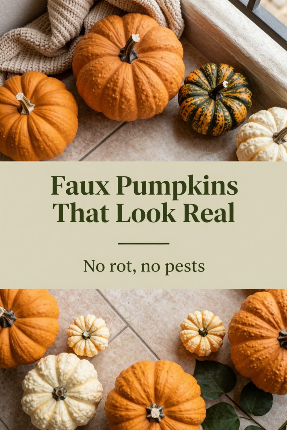 Overhead flat-lay of faux pumpkins in mixed finishes and sizes arranged on a small balcony floor