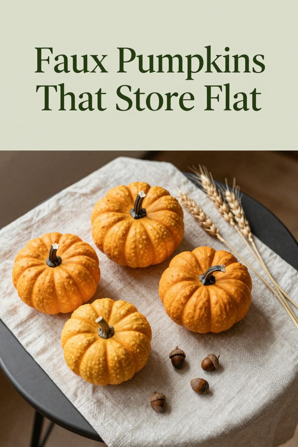 Faux mini pumpkins and dried wheat stems arranged on a small balcony table