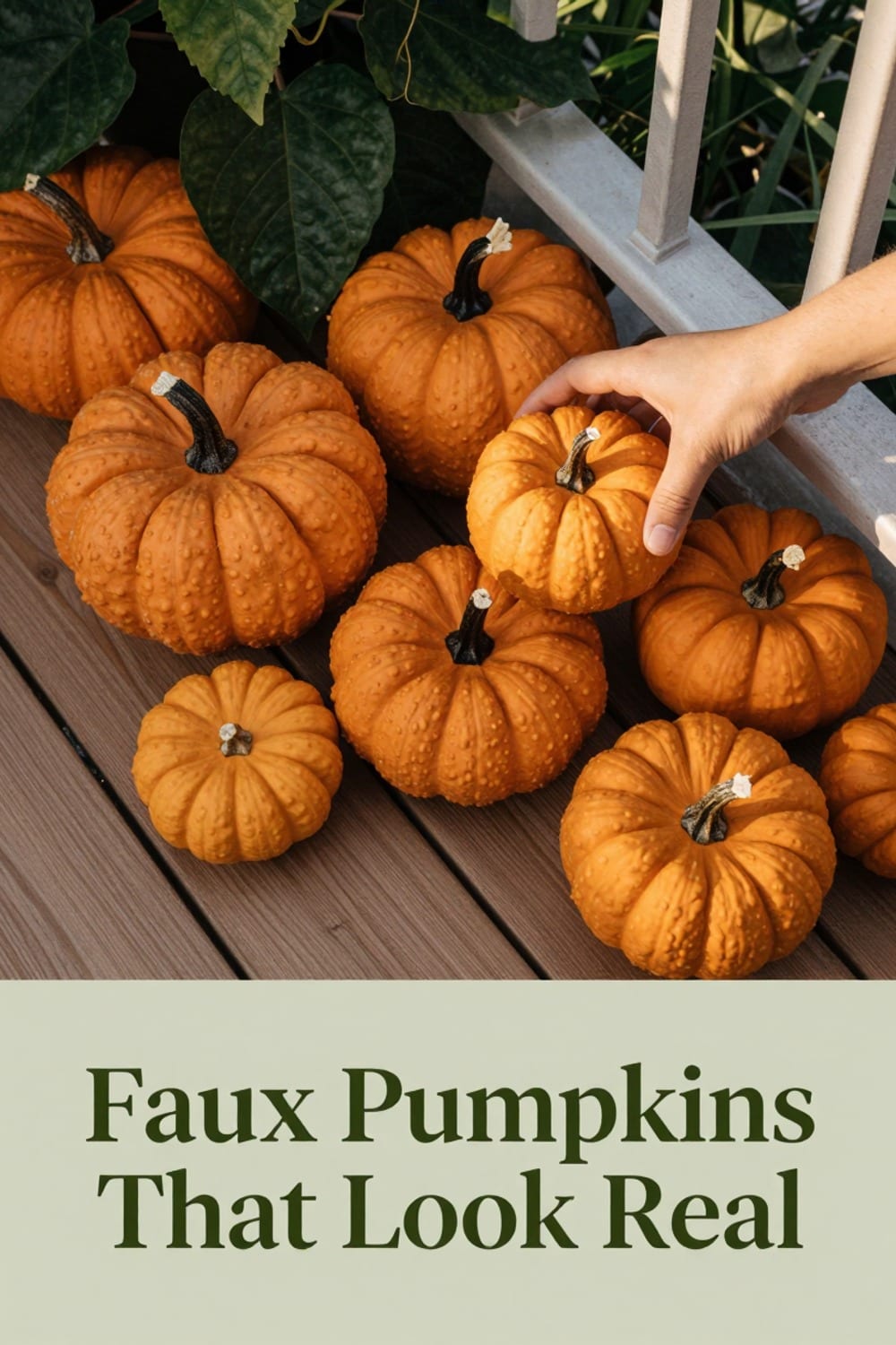 Cluster of matte faux mini pumpkins grouped at the base of a balcony planter