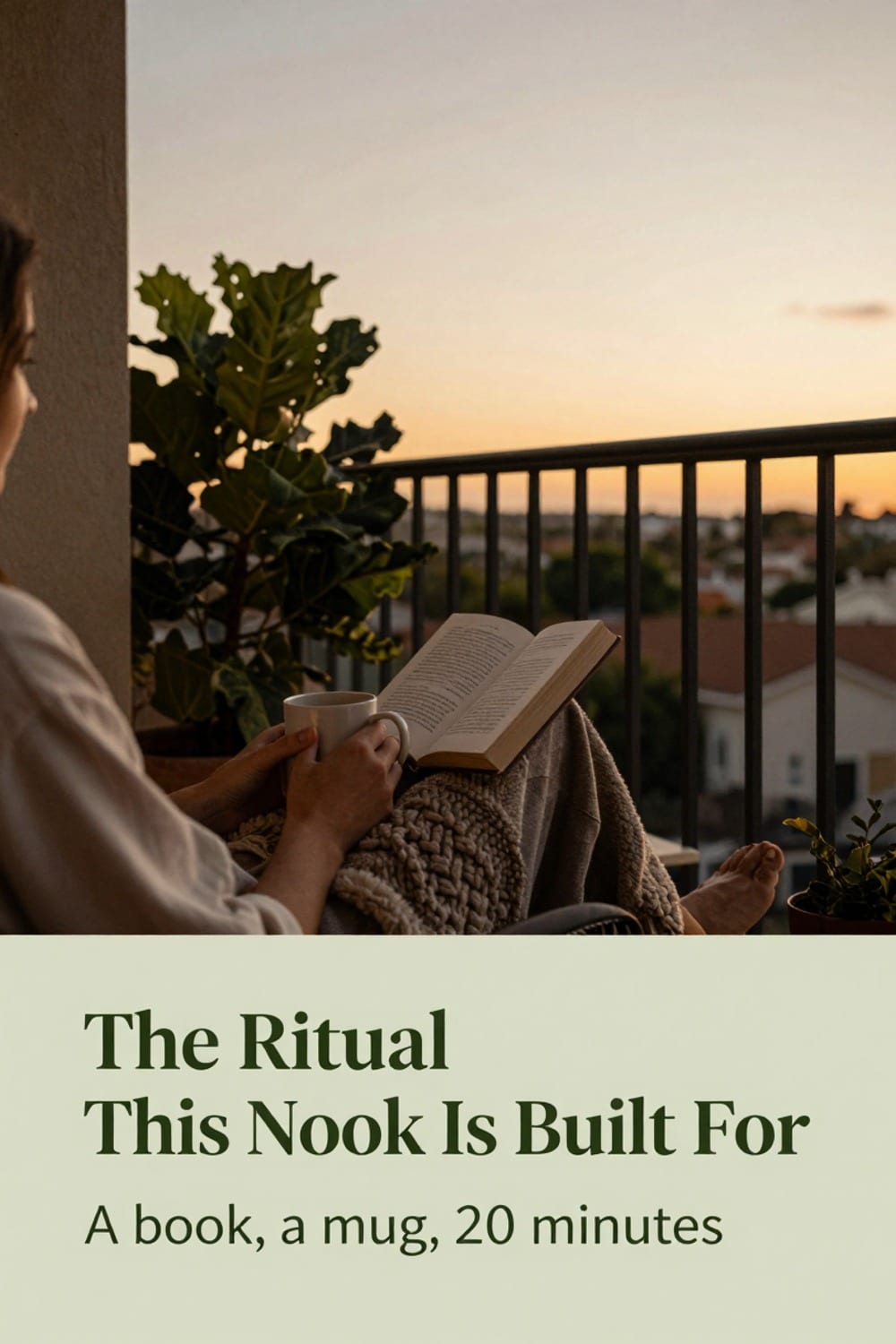 Wide golden hour view of a person settled into a fall balcony reading nook with a mug and book
