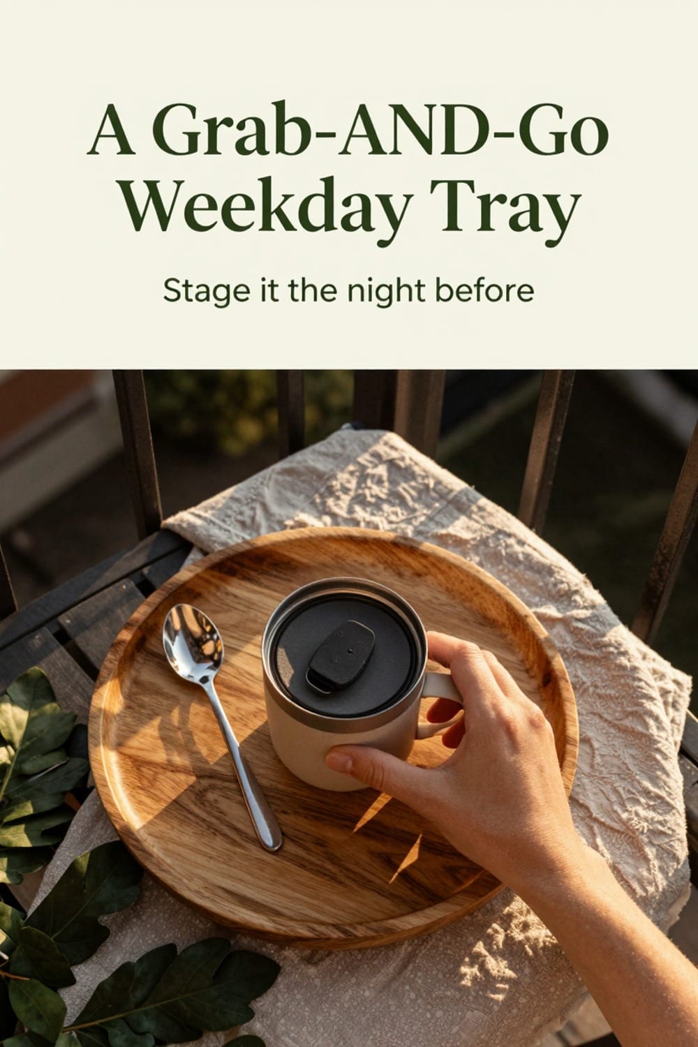 Grab-and-go tray with a single insulated mug and spoon staged for a quick weekday balcony coffee