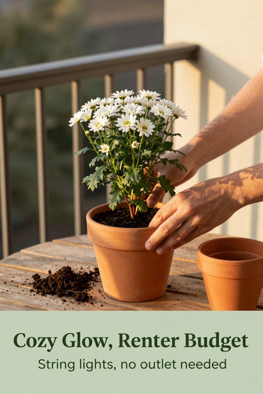 Two grocery-store mums repotted into a warm terracotta resin planter on a balcony